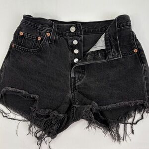 Levi's 501 Mid Rise Cut Off Black Denim Shorts  Distressed Frayed Hem Size 25